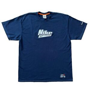 Rare Vintage 2000s Nike Metallic Silver 3D Logo T-Shirt Navy Blue XL USA Fabric